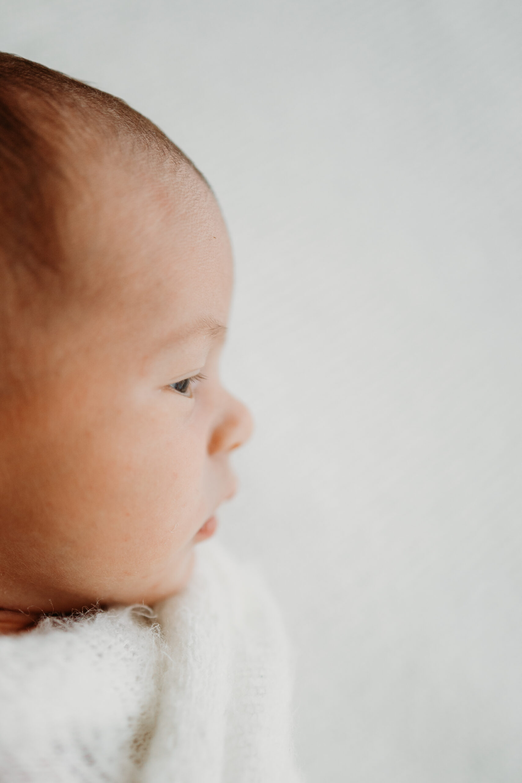 Seitenansicht eines Baby eingewickelt in weisses Tuch beim Fotoshooting im Kanton Zürich