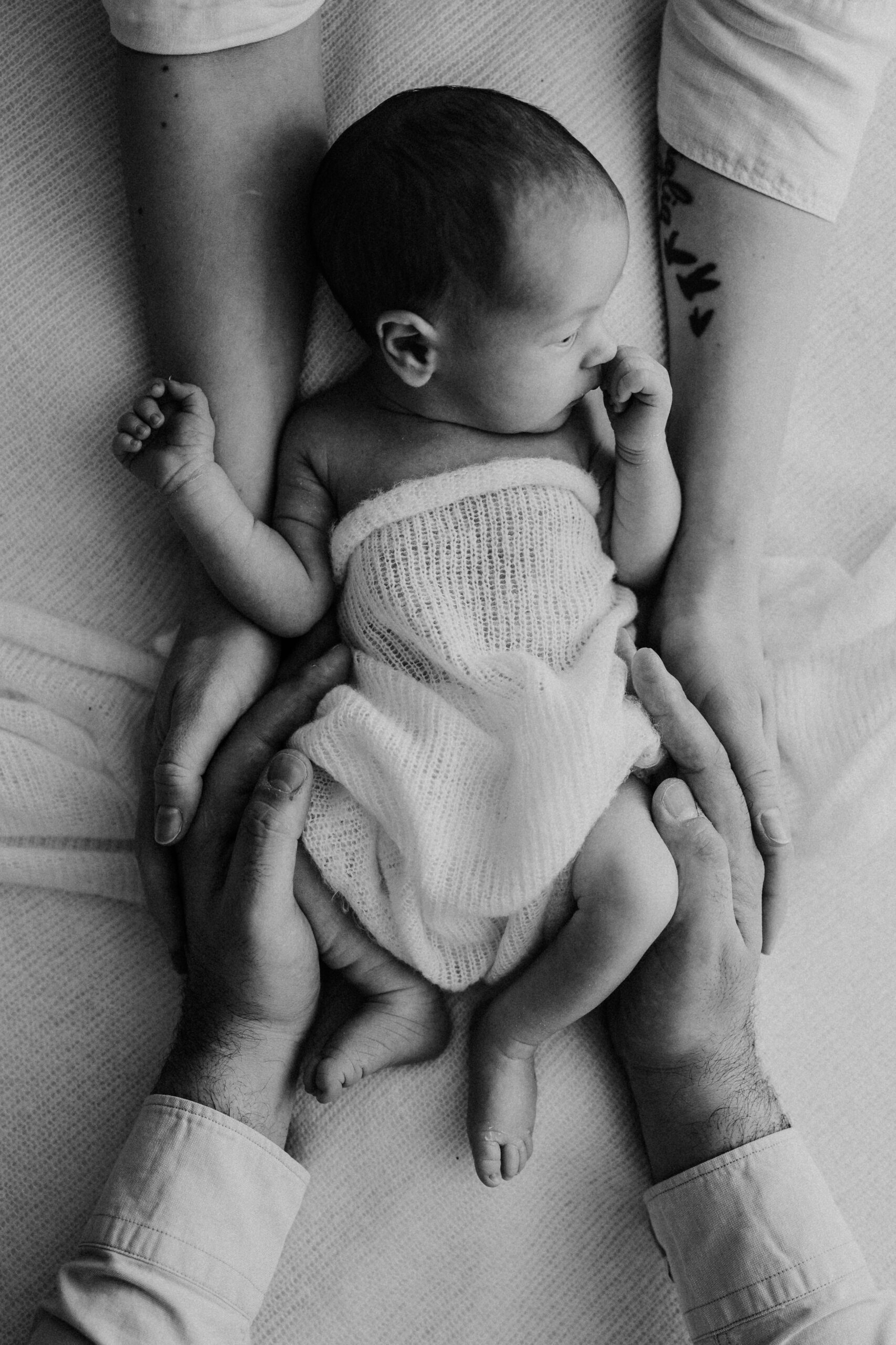 Liegendes Baby in weisse Tücher gewickelt gehalten von den Händen der Eltern im Kanton Zürich